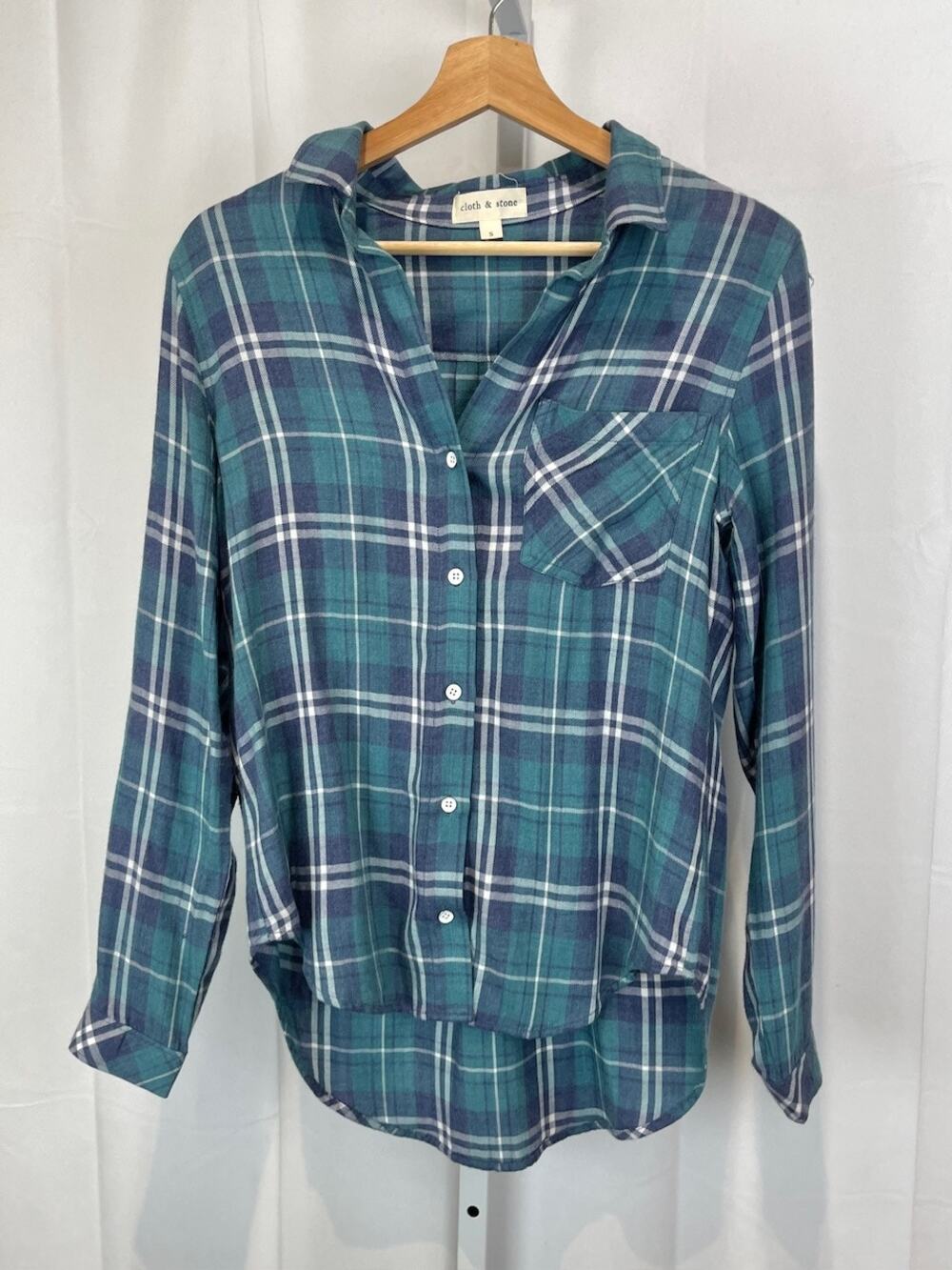 CLOTH & STONE Plaid Button Down Shirt Long Sleeve Blue Green White Size S